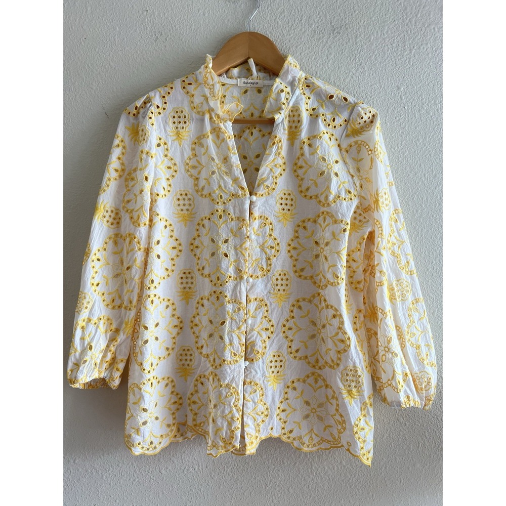Sunday Up Women's Large Yellow Floral Pineapple Embroidered Eyelet Shirt Top